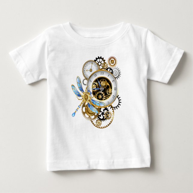 Camiseta Para Bebê Relógio Steampunk com Dragonfly Mecânica (Frente)