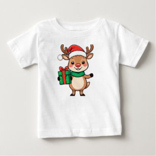Camiseta Para Bebê Rena de Natal Fofa Segurando um Presente