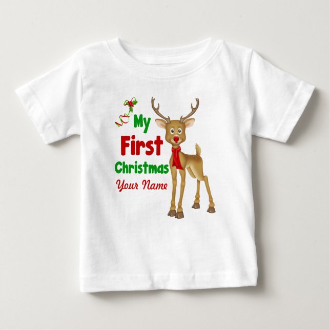 Camiseta Para Bebê Rena do Natal do bebê primeira (Frente)