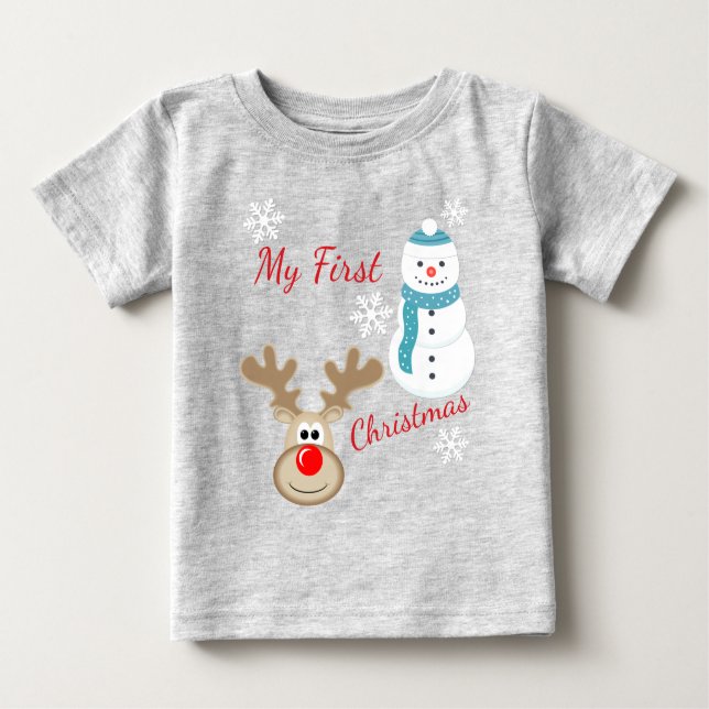 Camiseta Para Bebê Rena Rudolph, Natal do bebê do boneco de neve ø (Frente)
