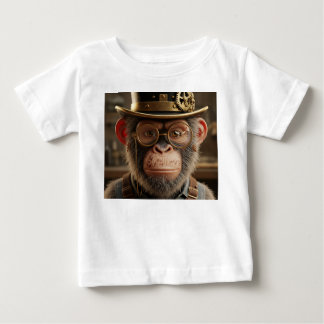 Camiseta Para Bebê Retrato de Chimpanzé Steampunk em Cartola e Dourad