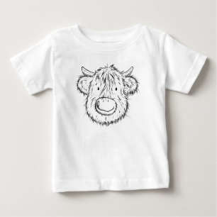 Camiseta Para Bebê Retrato de Desenho de Vaca na Escócia