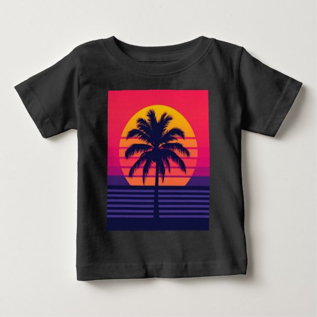 Camiseta Para Bebê Retro 80s Sunset Palm Tree Synthwave Art (Frente)