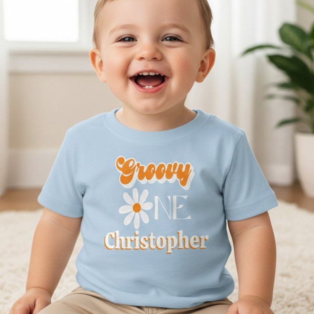 Camiseta Para Bebê Retro Groovy Um Menino 1º Aniversário (Criador carregado)