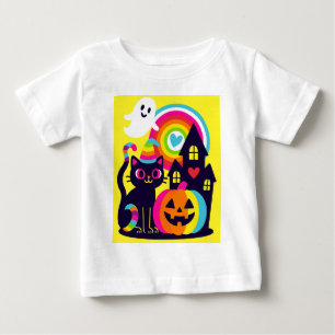 Camiseta Para Bebê Retro Halloween Kawaii Black Cat, design de Abóbor