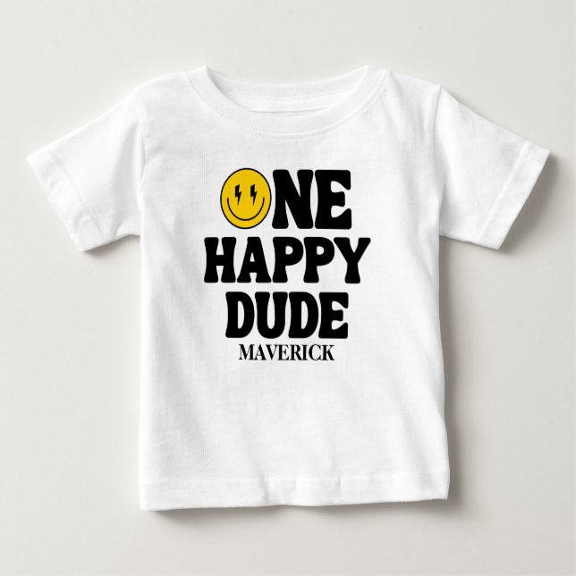 Camiseta Para Bebê Retro One Happy Dude Smile Face Boy 1st Birthday (Frente)