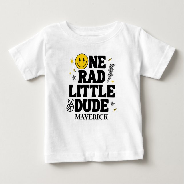 Camiseta Para Bebê Retro One Rad Little Dude Smile Boy 1st Birthday  (Frente)