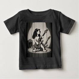 Camiseta Para Bebê Retro Rockstar Basset Hound Guitarrista Monocromát