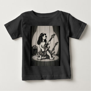 Camiseta Para Bebê Retro Rockstar Basset Hound Guitarrista Monocromát