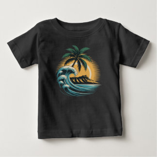 Camiseta Para Bebê Retro Tropical Surf -Vintage Great Wave Palm Tree 