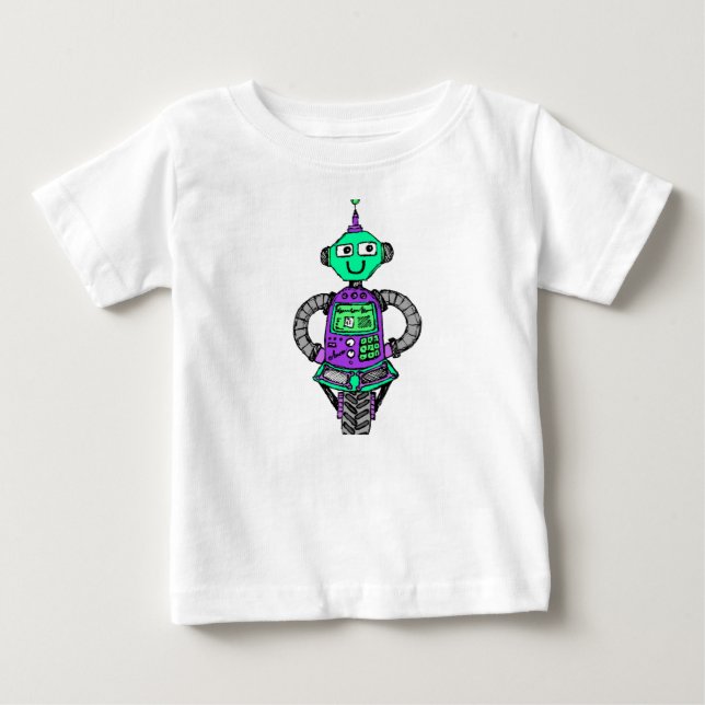 Camiseta Para Bebê Robô Arnie, roxo e verde (Frente)