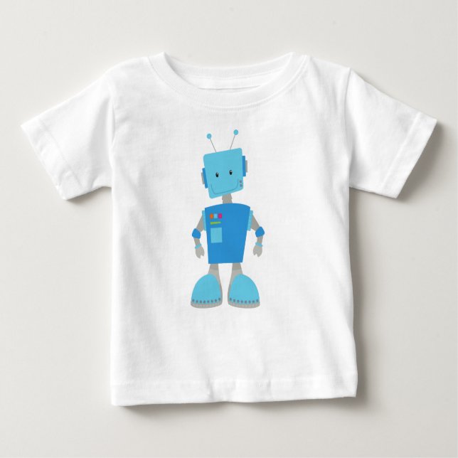 Camiseta Para Bebê Robô Bonito, Robô Engraçado, Robô Bobo, Robô Azul (Frente)