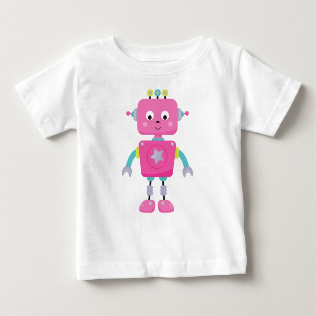 Camiseta Para Bebê Robô Bonito, Robô Engraçado, Robô Bobo, Robô Rosa (Frente)