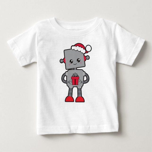 Camiseta Para Bebê Robô de Natal, Robô Bonito, Chapéu Santa, presente (Frente)