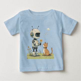 Camiseta Para Bebê Robô Fofo Dá Flor ao Gato Arte Infantil Saudável