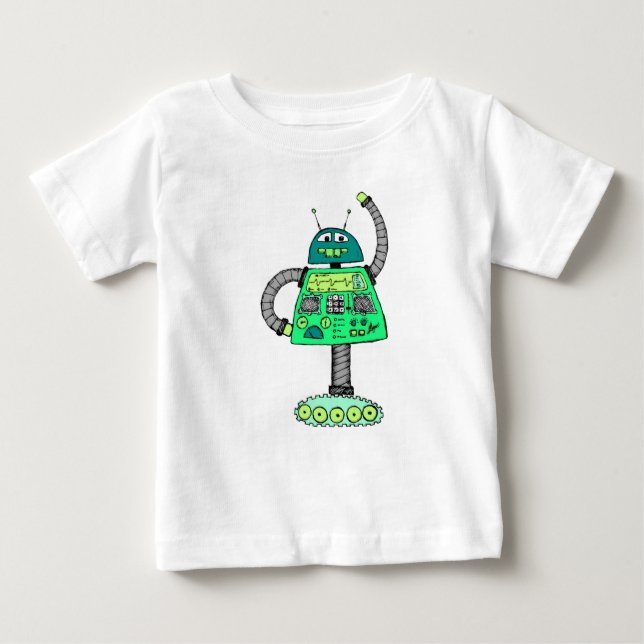 Camiseta Para Bebê Robô Frankie, verde em branco (Frente)