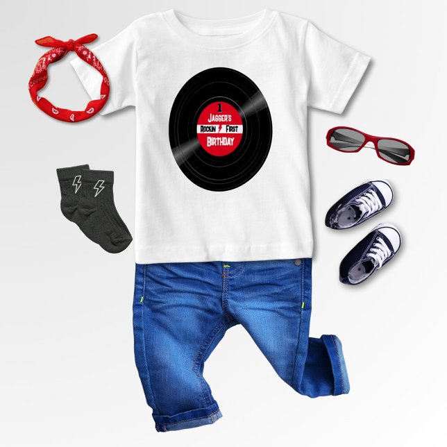 Camiseta Para Bebê Rock Baby Primeiro Aniversário Registro De Vinilo  (Personalized Vinyl Record T-Shirt for Baby's First Rock and Roll Birthday)