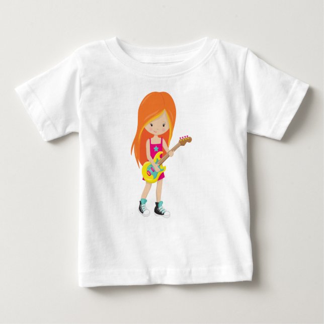 Camiseta Para Bebê Rock Girl, Orange Hair, Guitar Player, Banda, Músi (Frente)