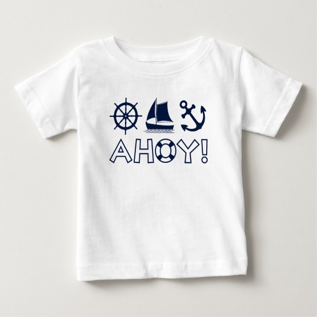 Camiseta Para Bebê Roda, veleiro, Anchor Ahoy! Azul Escuro (Frente)