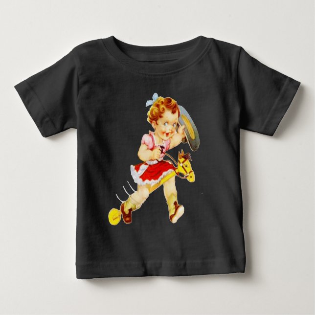 Camiseta Para Bebê Rodeio Ocidental Cowgirl em Stick Horse (Frente)