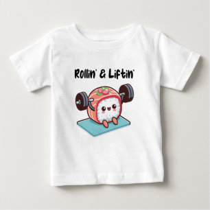 Camiseta Para Bebê Rolo de Sushi Levantando Pesos