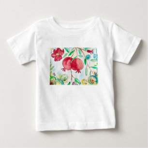 Camiseta Para Bebê Romã fruta natureza arte aquarela vermelha