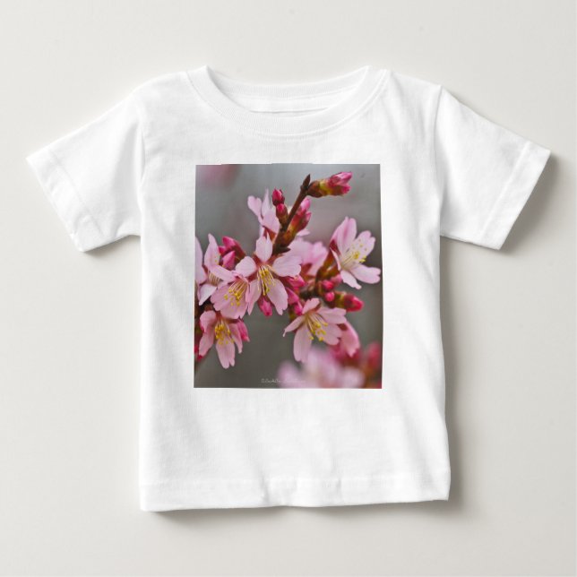 Camiseta Para Bebê Rosa Contra Uma Cinza Céu Japonês Blossomas De Cer (Frente)