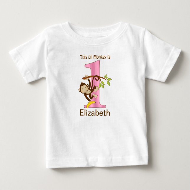 Camiseta Para Bebê Rosa pequeno do macaco do primeiro aniversario (Frente)