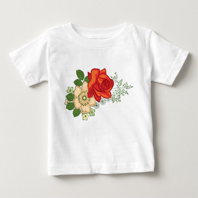 Camiseta Para Bebê Rosa vermelha e margaridas (Frente)