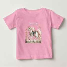 Camiseta Para Bebê Rosas de Unicórnio Branco Cascos Dourados de Corno