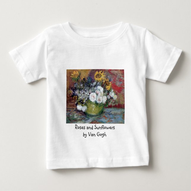 Camiseta Para Bebê Rosas e girassóis por Van Gogh (Frente)