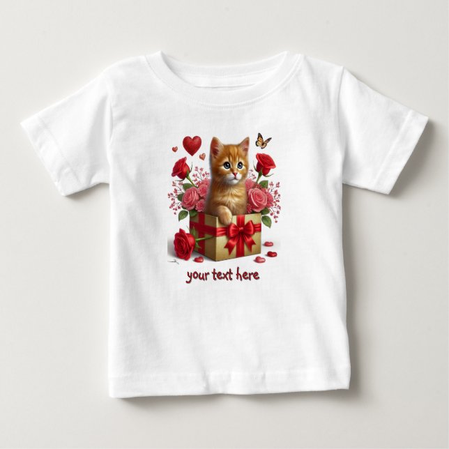 Camiseta Para Bebê Rosas vermelhos Dia de os namorados Ginger Kitten (Frente)