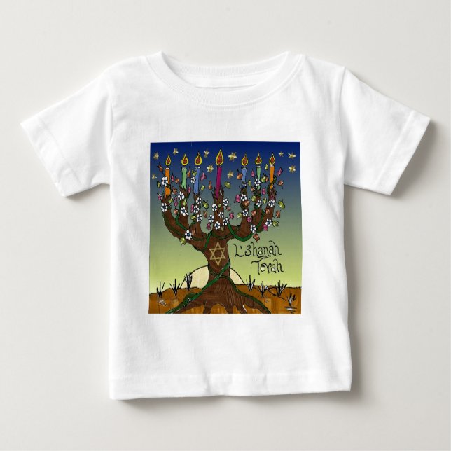 Camiseta Para Bebê Rosh Hashanah L'Shanah Tovah Árvore Da Vida Menora (Frente)