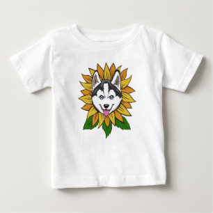Camiseta Para Bebê Rosto de Cachorro Husky Siberiano em um Girassol