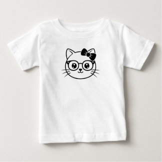 Camiseta Para Bebê Rosto de Gato Nerdy Kawaii com Óculos e Laço em Li