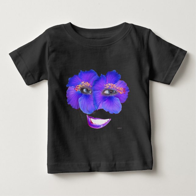 Camiseta Para Bebê Rosto de Hibiscus com Sorriso - Azul (Frente)