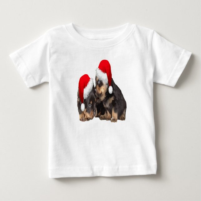 Camiseta Para Bebê Rotitweilers de Natal Vestindo Chapéus Festivos (Frente)