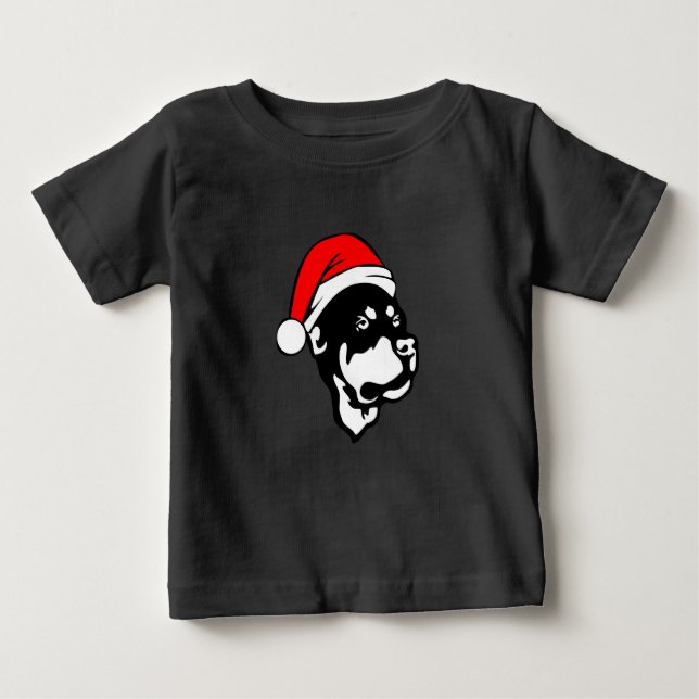 Camiseta Para Bebê Rottweiler Cachorro vestindo Natal Vermelho Chapéu (Frente)