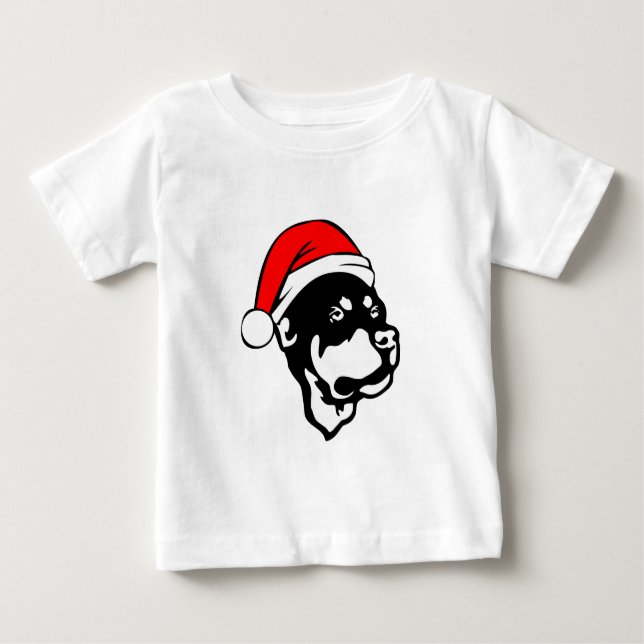 Camiseta Para Bebê Rottweiler Cachorro vestindo Natal Vermelho Chapéu (Frente)
