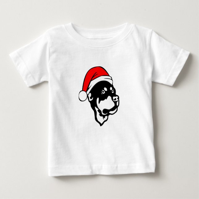 Camiseta Para Bebê Rottweiler Cachorro vestindo Natal Vermelho Chapéu (Frente)