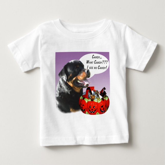 Camiseta Para Bebê Rottweiler Halloween Candy (Frente)