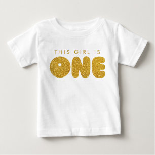 Camiseta Para Bebê Roupa de Aniversário de Menina Bebê Dourada Um