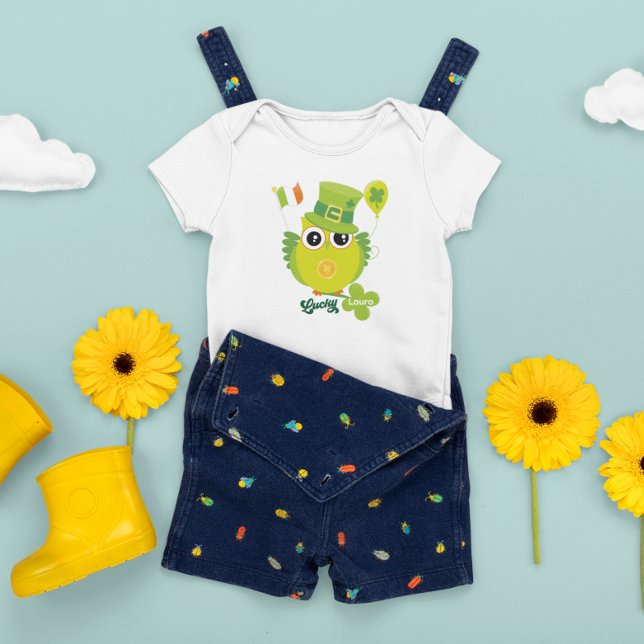 Camiseta Para Bebê Rua Patrick Owl Leprechaun Hat Irish Flag Green (Criador carregado)