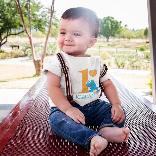Camiseta Para Bebê Rua Sésamo | Cookie Monster primeiro aniversario T (Criador carregado)