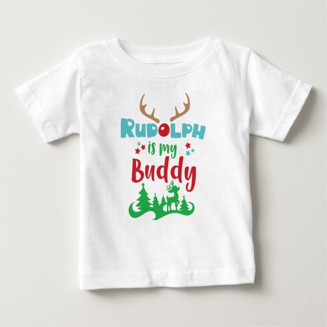 Camiseta Para Bebê Rudolph É Meu Amigo, Reindeer, Antlers, Natal (Frente)