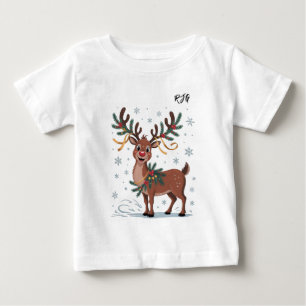 Camiseta Para Bebê Rudolph Fofo com Acentos Dourados Iniciais