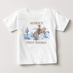 Camiseta Para Bebê Rustic Azul Marrom Primeiro Rodeio 1º Aniversário
