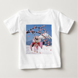 Camiseta Para Bebê Sakura Geisha Pássaro na Neve Flores de Cerejeira
