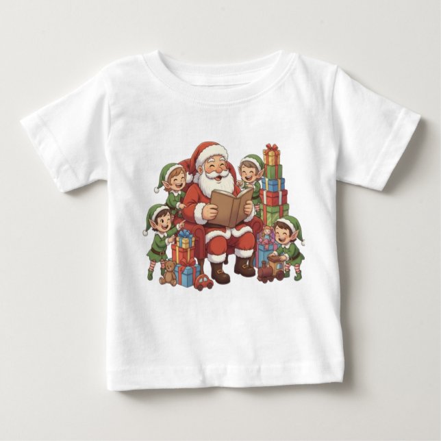 Camiseta Para Bebê Santa and His Elves – Cute Christmas Illustration  (Frente)
