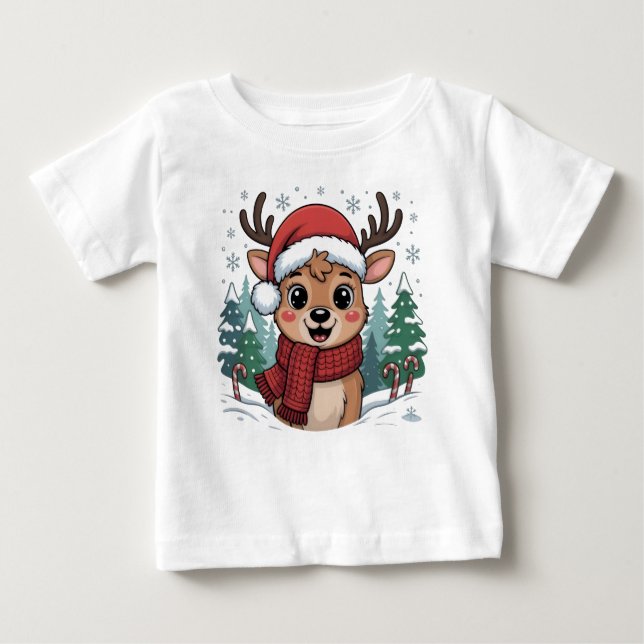 Camiseta Para Bebê Santa deer Christmas hat scarf tree (Frente)